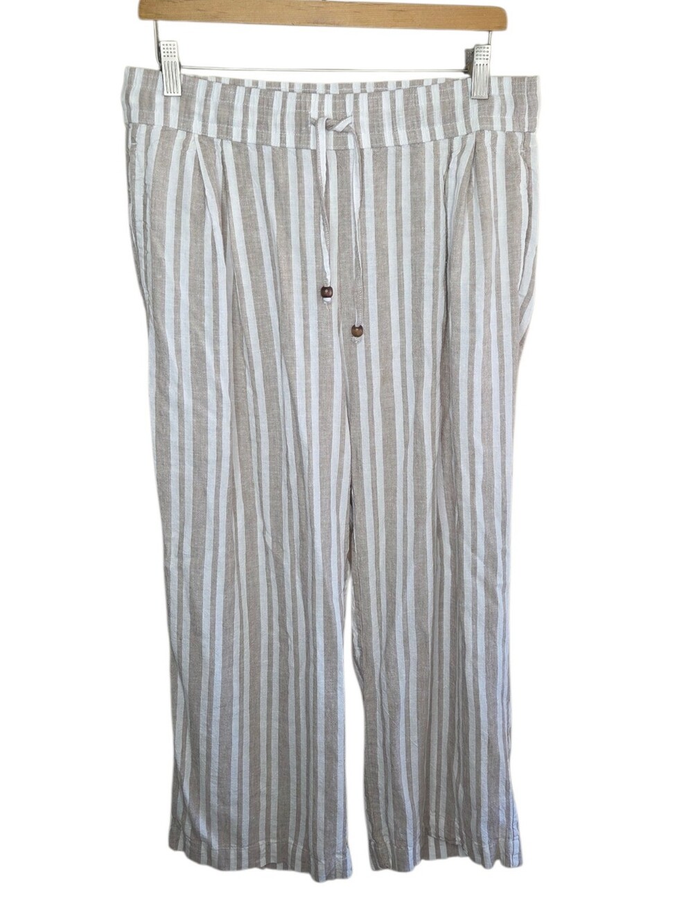 Land 'N Sea Tan White Striped Pants Pull-on Waist Size Medium Summer Boho